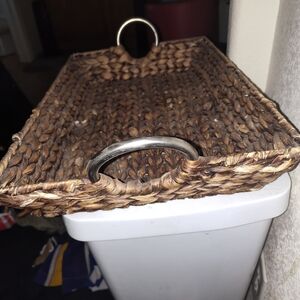 Woven Brown Serving Tray with Silver Handles